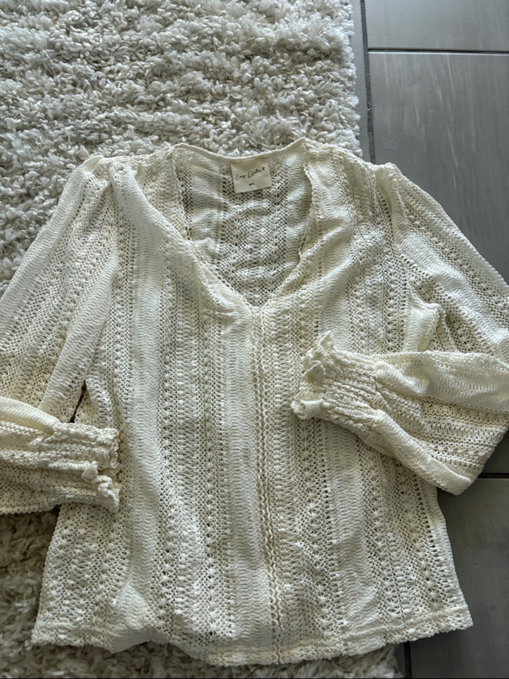 Joie Ivory Open-Knit V-Neck Long Sleeve Top